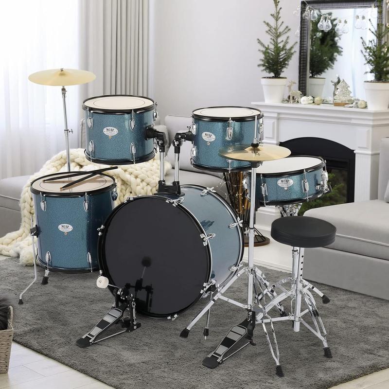 Ktaxon 5-Piece Adult Drum Set, 22 Inch Full-Size Drums Kit with Cymbal Stands, Hi-hat Stand, Sticks, Drum Pedal, Stool & Floor Tom for Beginner Teens Student, Star Blue