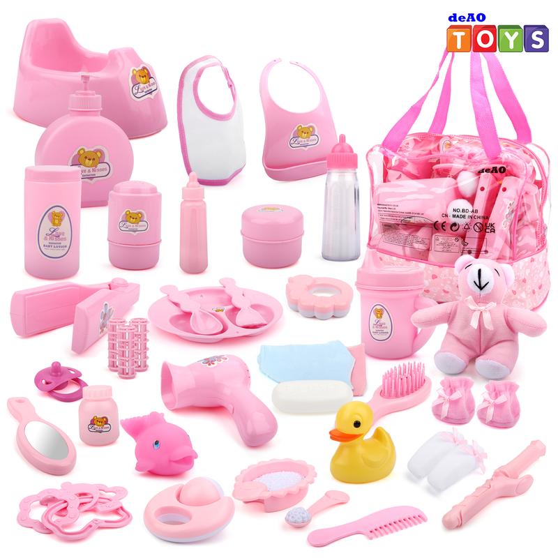 deAO Doll Accessories Bag with Feeding Accessories 40 Pieces, Clothes, Doll Bear, Bath Toys, Soother Dummy and Much More - Great Nurturing Pretend Toy Play Set