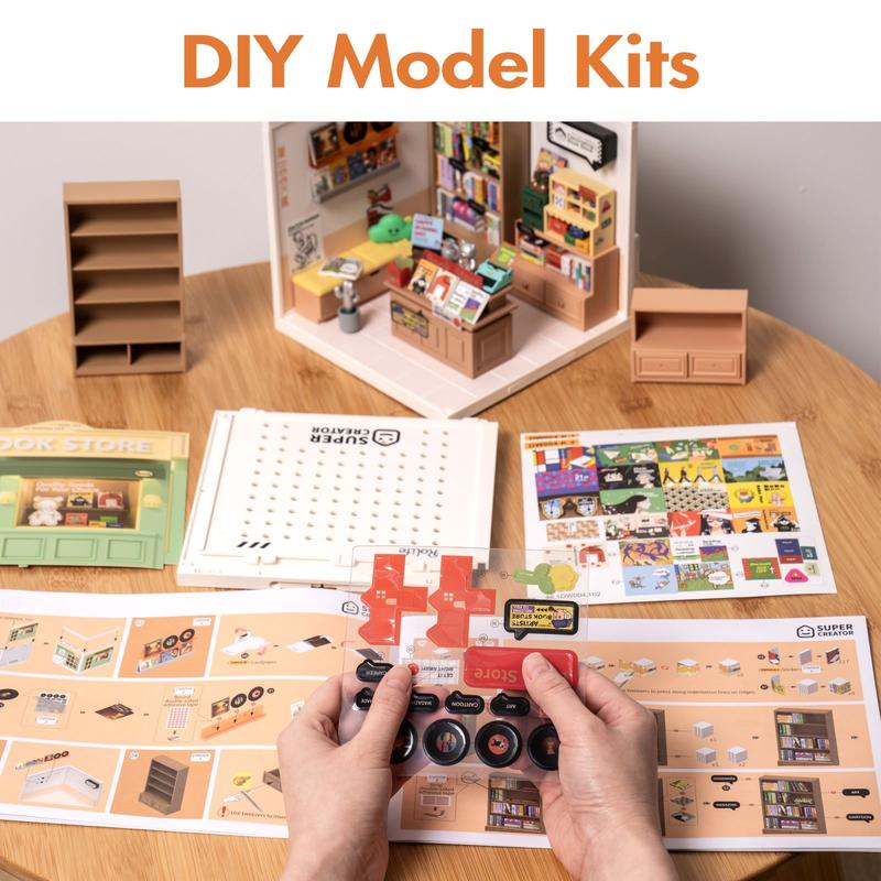 Rolife Super Creator Book Store Kit，1:24 scale plastic DIY miniature house with LED, suitable for ages 8-15 and adults, perfect for creative hobbies.
