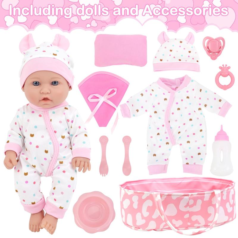 12 Inch Baby Doll with Accessories for Baby Doll Reborn Includes Carrier Bassinet Bed, Pacifier, Blanket, Pillow, Feeding Set, New Born Baby Doll Playset for Toddlers 3 Ages and Up