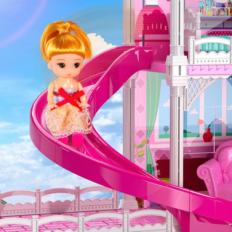 Luxury DollHouse Pink  Toys - 4 Stories 10 Rooms Dollhouse with 2 Dolls,Slide, Pretend Cottage Toy with Accessories