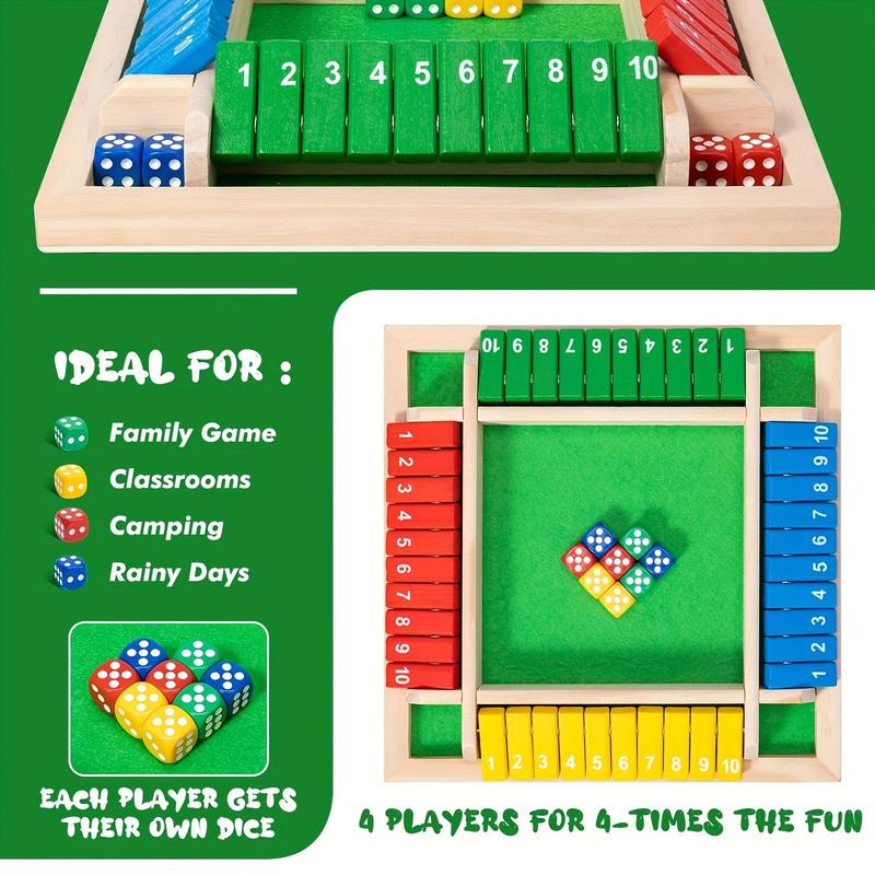 Wooden Shut the Box Dice Toy, 1 Set Classic 4 Sided Wooden Board Game, Tabletop Version Math Games for Party