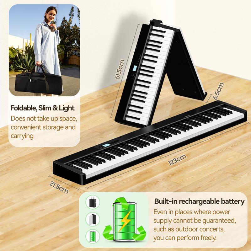TERENCE Piano Keyboard, 88 Key Full Size Weighted Folding Piano Keyboard, Digital Keyboard Piano with 2X5W Speakers, Music Stand, Keyboard Stickers, Earphones and Sustain Pedal