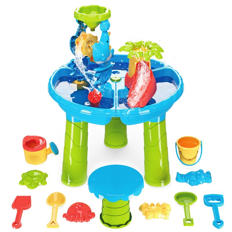 deAO Sand Water Table Beach Summer Toys Sandbox Table Outdoor Activity Sensory Play Table with Dolphin Water Wheel, Molds,Sand Water Toys for Outdoor Backyard