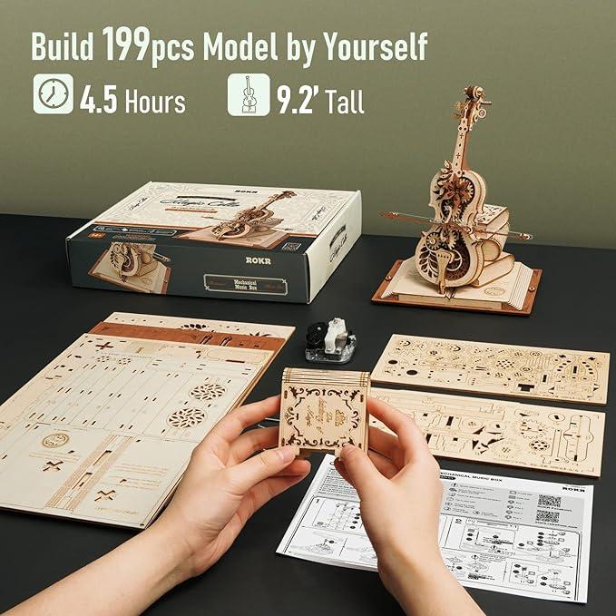 ROKR 3D Wooden Puzzles for Adults,Wooden Music Box Kits-Cello Wood Model Kits for Adults to Build,Stem Projects for Kids Ages 12-16,Birthday Gifts Hobbies for Women Men