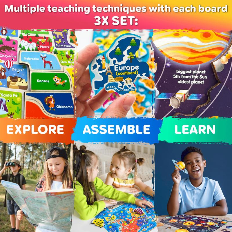 QUOKKA 3 Set Wooden Puzzles for Toddlers | Kids  Maps, Space Learning Toys