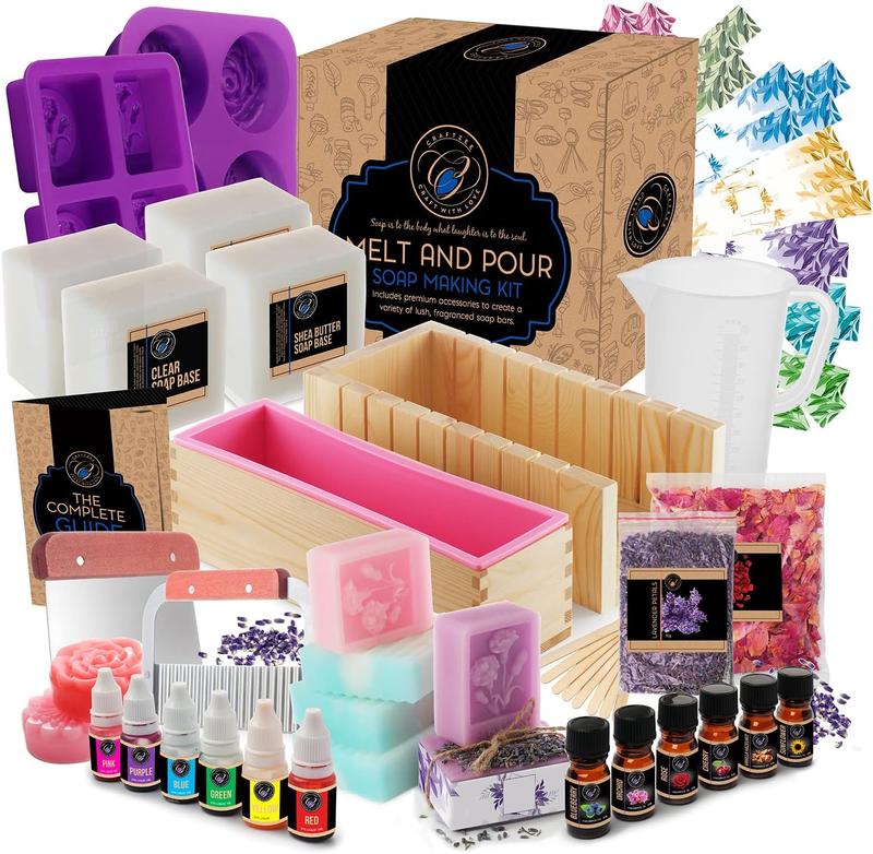 CraftZee Large Soap Making Kit with Shea Butter Soap Base, Cutter Box, Silicone Loaf Molds, Fragrances, Rose Petals, Instruction Manual & More