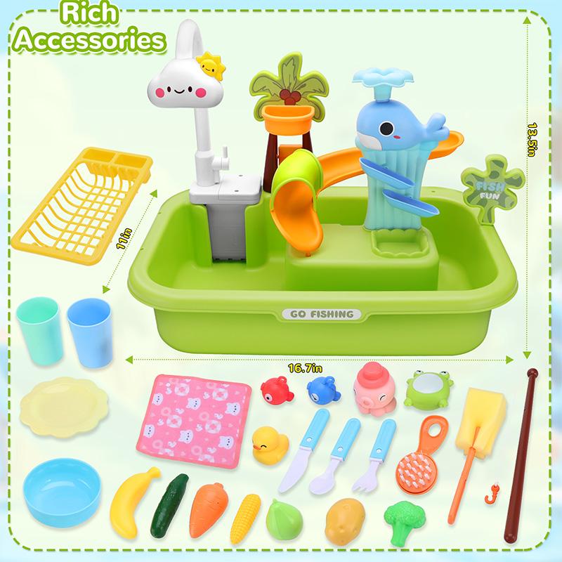 Crelloci Play Sink with Running Water, Kitchen Sink Toys with Upgraded Electric Faucet, Play Food Toys, Magnetic Fishing Set play  food