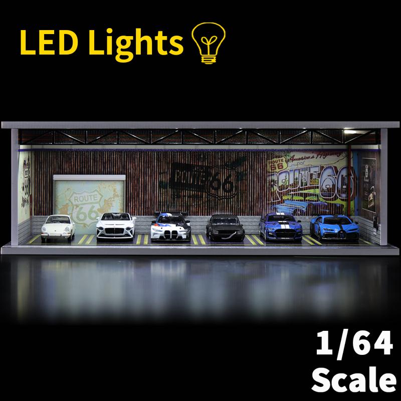 1 64 scale die-cast model car scenarios display case with LED light and Acrylic Cover, Scenes Parking lot diorama storage garage box with 6 Parking Spaces