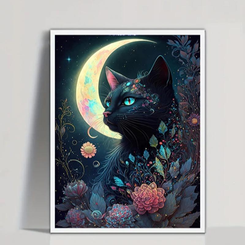 Cat & Moon Pattern DIY Rhinestones Painting without Frame, 1 Set Rhinestones Painting Kit with Tools, Painting Decor for Bedroom Living Room Office