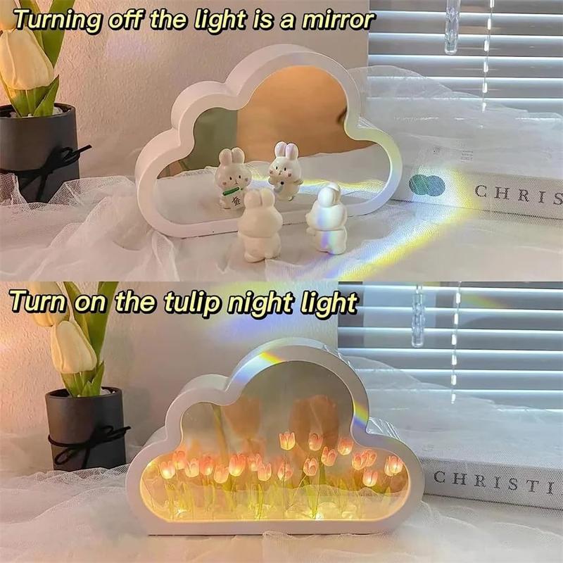 Tulip Mirror Lamp Infinity Flower Effect - Cloud-Shaped Flower Mirror & Tulip Night Light - Fully Assembled Decorative Illuminated Garden for Bedroom, Living Room & Home Decor