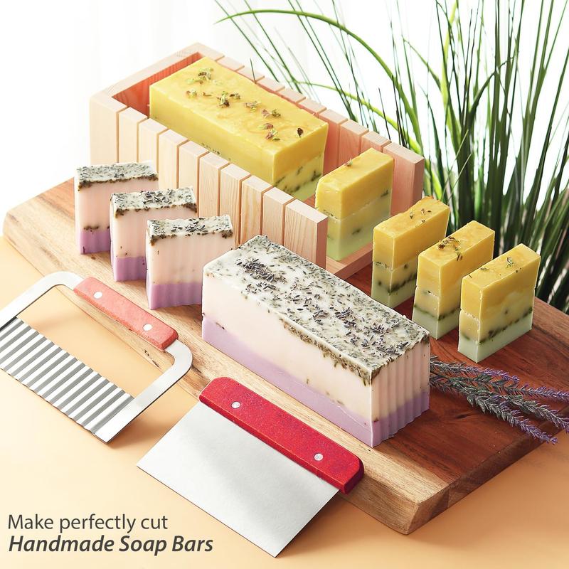 CraftZee Soap Mold and Cutting Kit with Soap Cutter, Silicone Mold with Wooden Box, Wavy and Straight Scraper, Personalized Labels and Plastic Bags